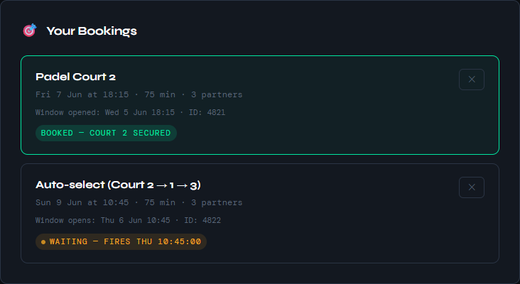 The bookings panel of the Padel Booker app. One booking shows a green 'Booked, Court 2 secured' status confirming a successful reservation; a second shows an amber 'Waiting' status with the exact time it will fire.